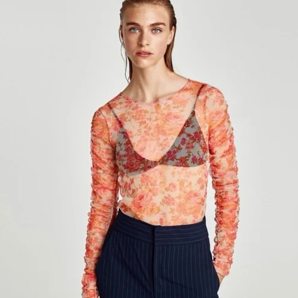 Zara Sheer Mesh Floral Long Sleeve Ruched Ruffle Sleeves Orange S